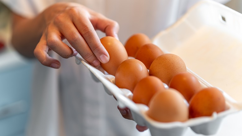 person holding open egg carton