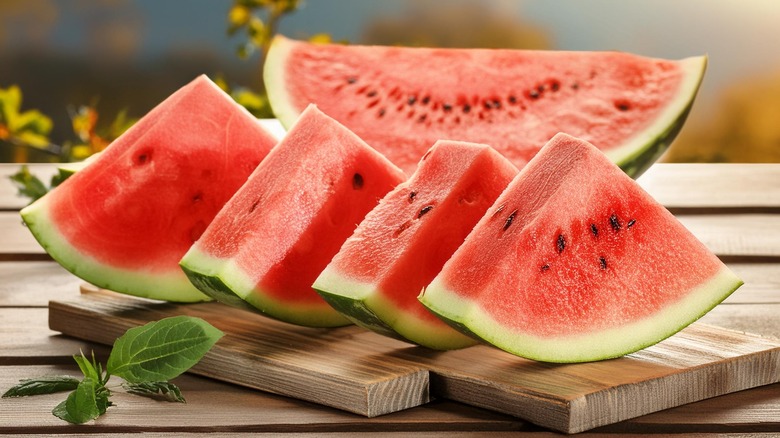 watermelon slices on wooden table