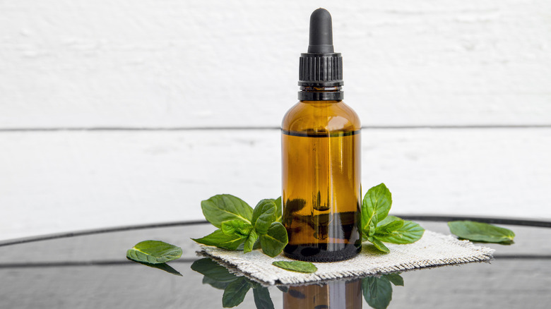 peppermint essential oil in brown bottle