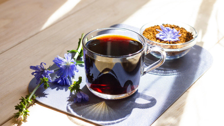 beautiful picture of chicory drink with flowers in sunlight