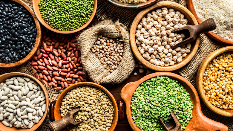 Top view of various legumes in rustic bowls