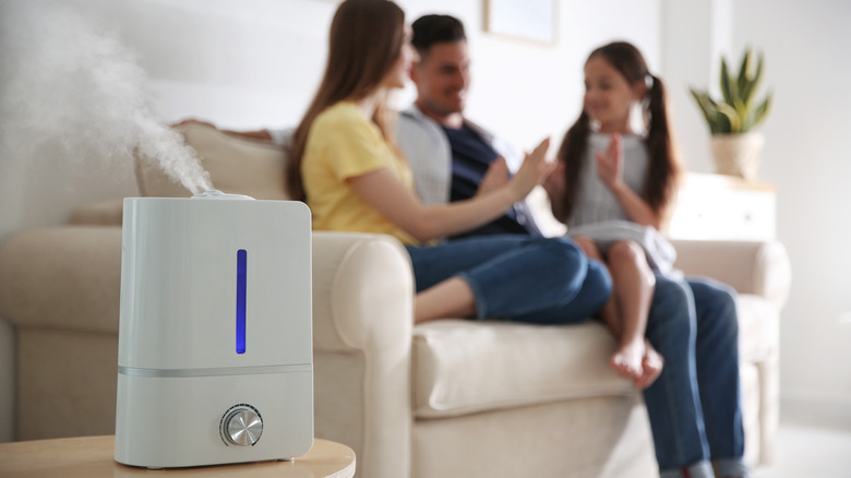 A humidifier in a living room with people sitting on a couch in the background