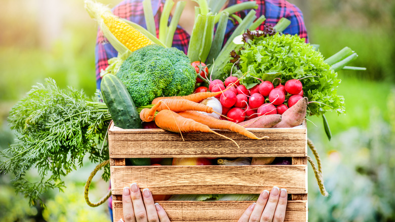 woman holding large box overflowing with vegetables