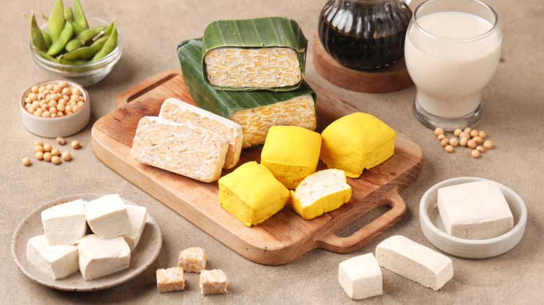 A variety of soy products on a table