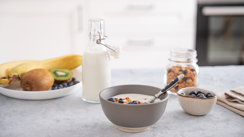 a bowl of yogurt with berries and granola