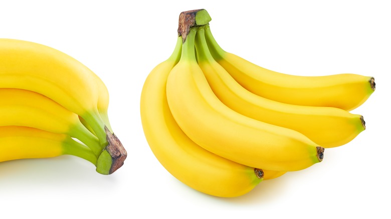 two bunches of bananas against a white backdrop