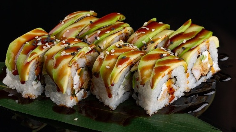 Dragon roll covered in eel sauce