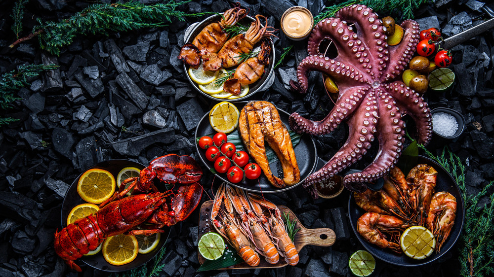 seafood on various plates 