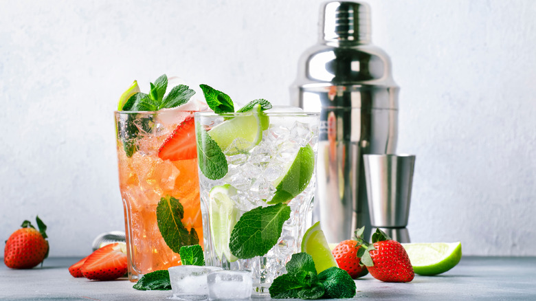 mojitos with fruit, mint, a shaker, and a jigger