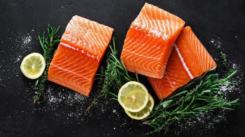 Overhead shot of three salmon fillets 