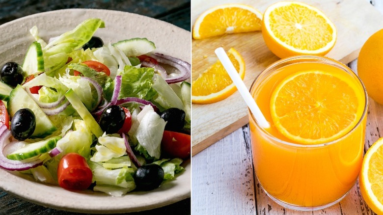 Combination of two images: a garden salad in a bowl and a glass of orange juice with a straw with a an orange slice floating in it