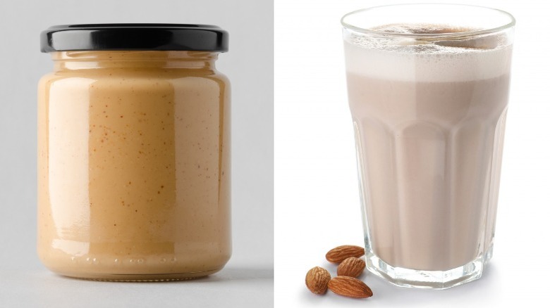 Combination of two images: a jar of almond butter and a glass of almond milk next to four almonds