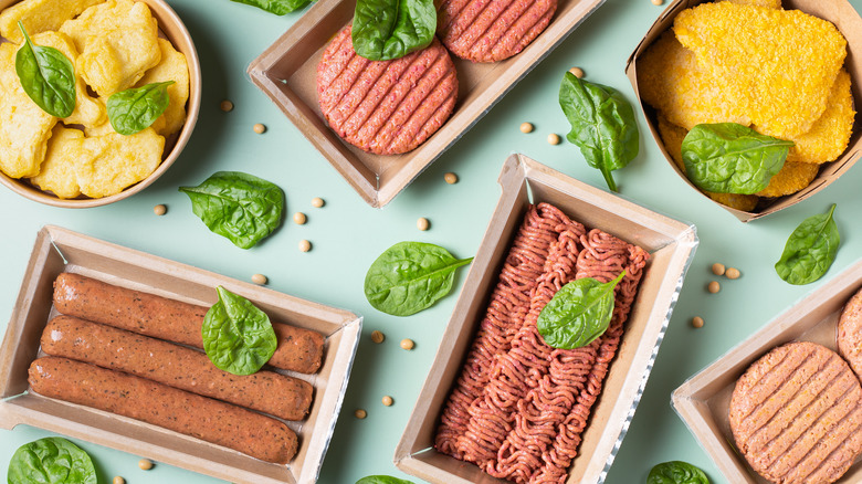 Overhead shot of different plant-based meat alternative products along with plant leaves and seeds