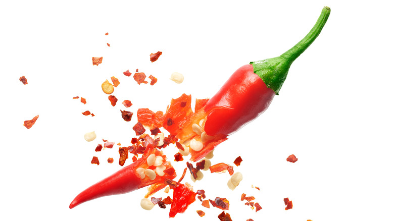 A chili pepper exploding with seeds and spices flying out of it