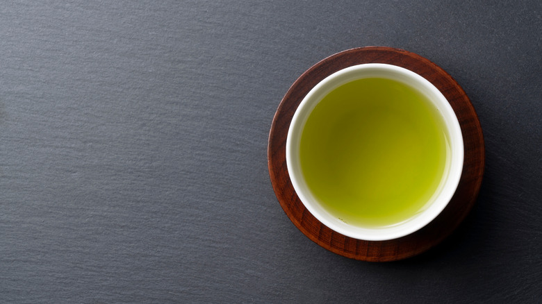 Overhead shot of a cup of green tea 