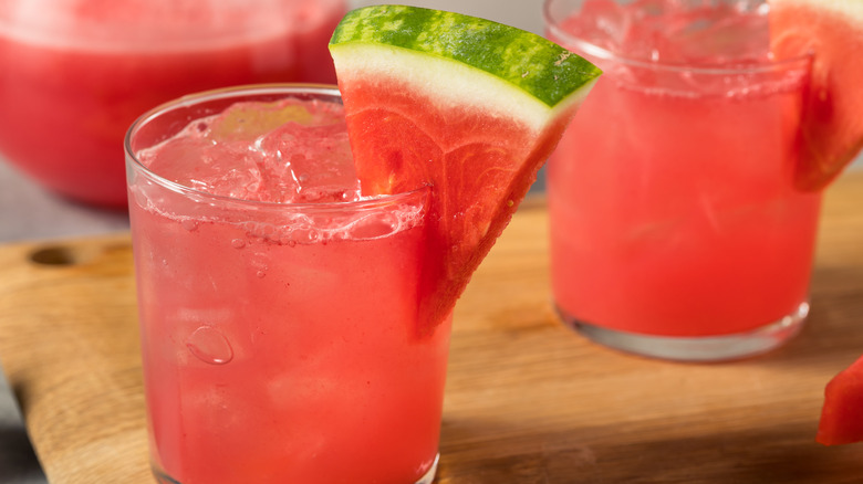 Glasses of watermelon juice on a table