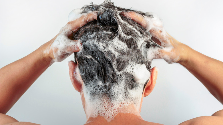 back of mans head as he shampoos