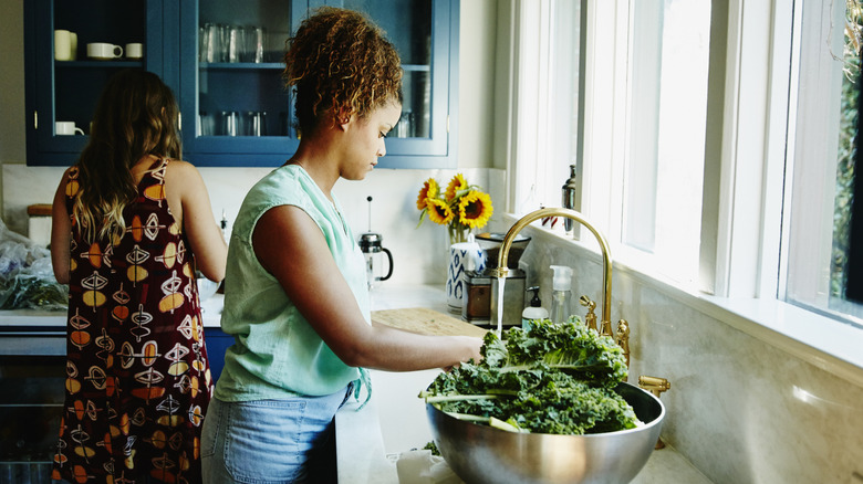 A woman washing fresh kale in the kitchen sink