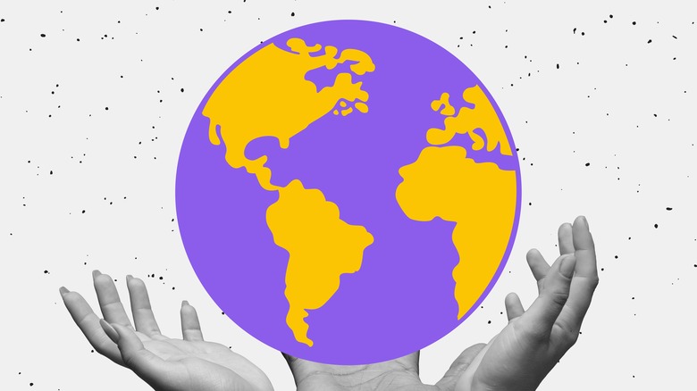 Cartoon globe surrounded by hands