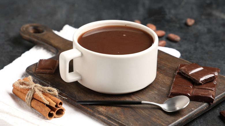 A mug of hot cocoa surrounded by dark chocolate pieces and cinnamon sticks