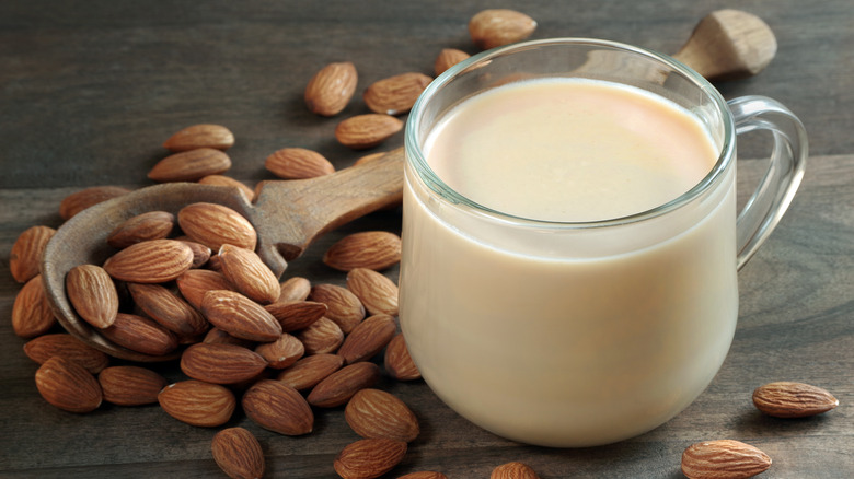 A glass cup of almond milk next to almonds and a wooden spoon