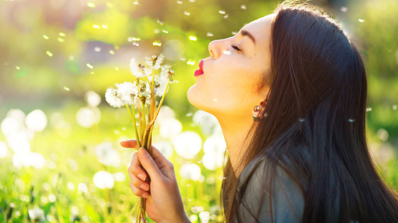 woman blowing dandelion seeds