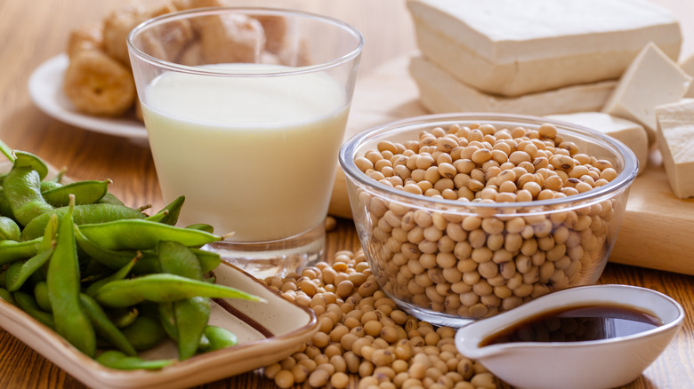 A variety of soy products on a table