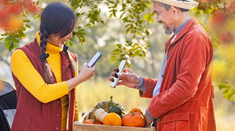 man and woman with large basket of seasonal squash