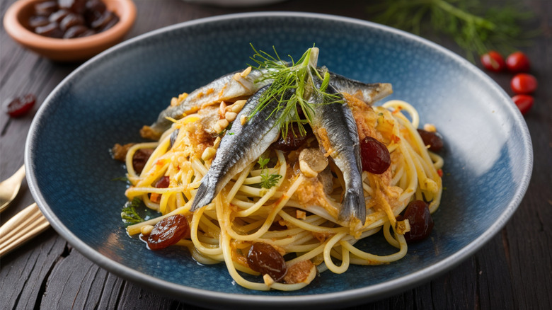 A plate of pasta topped with sardines and pine nuts