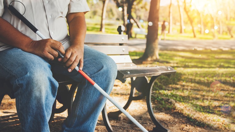 blind man with cane sitting on bench