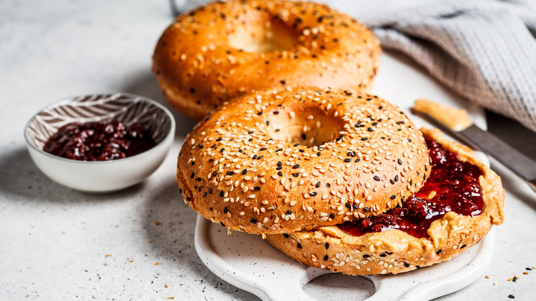 bagel with peanut butter and jam