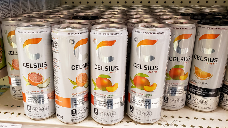 Many Celsius drinks on a grocery store shelf