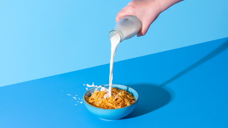 Someone pours milk into a cereal bowl