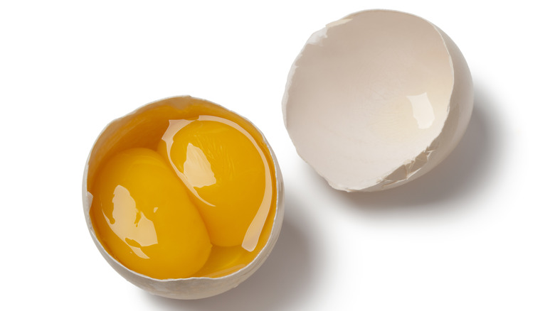 Two yolks inside eggshell