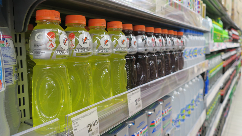 Electrolyte beverages on a store shelf