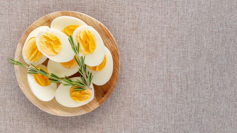 a plate of hard-boiled eggs