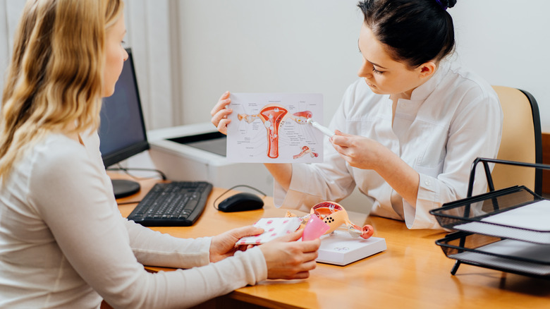 Female doctor showing female patient picture of reproductive system