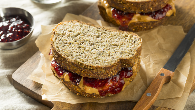 peanut butter and jelly sandwich on whole grain