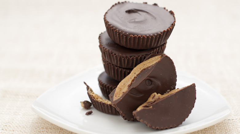 Stack of peanut butter cups on dish