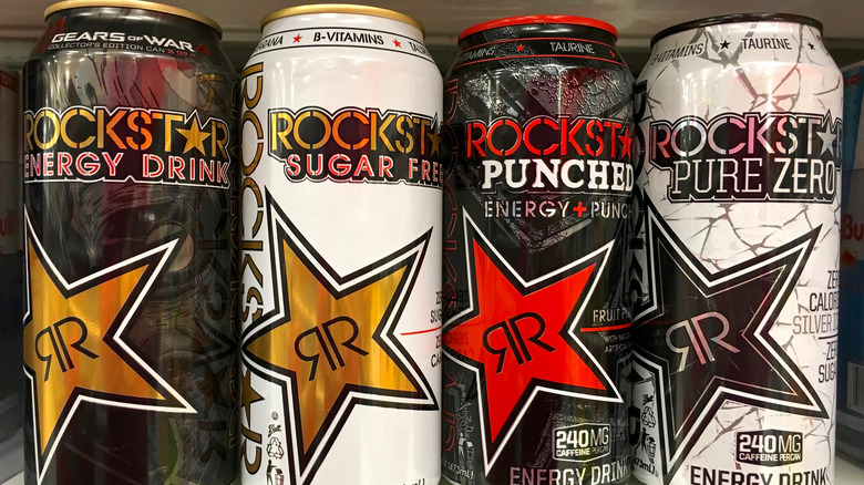 Row of different brands of Rockstar energy drink