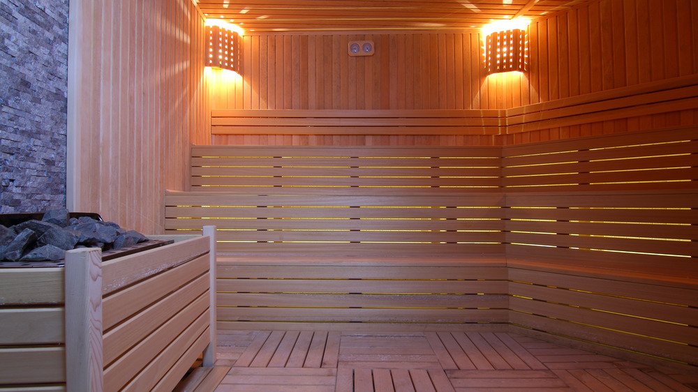 a dimly lit, empty sauna 