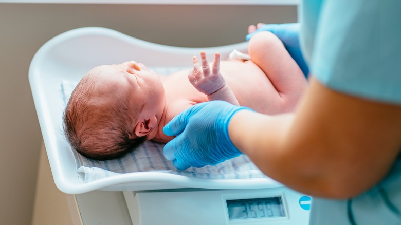 newborn baby being weighed 