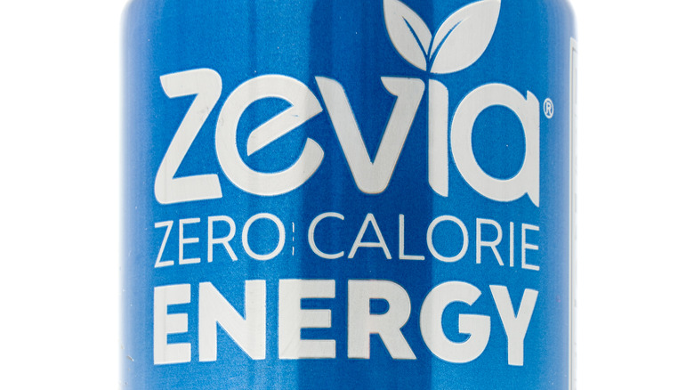 Close up on blue label of Zevia Zero Calorie Energy drink can