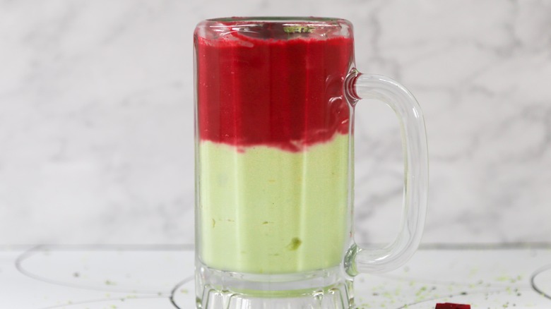 two-toned smoothie on a counter