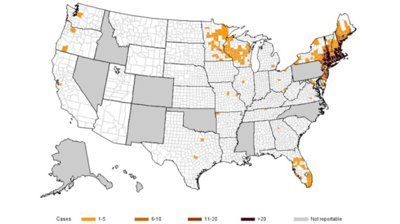 US map with incidence of Babesia