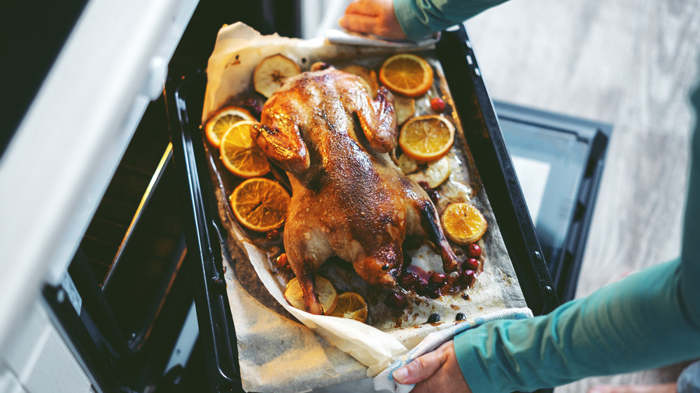 Hands removing duck from oven