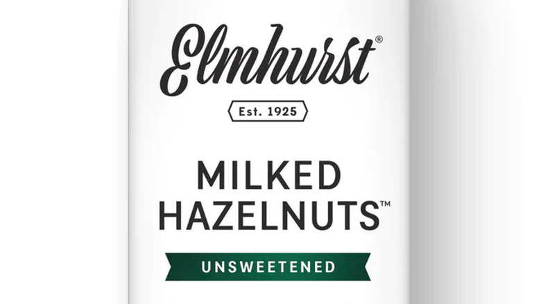 elmhurst hazelnut milk with white background