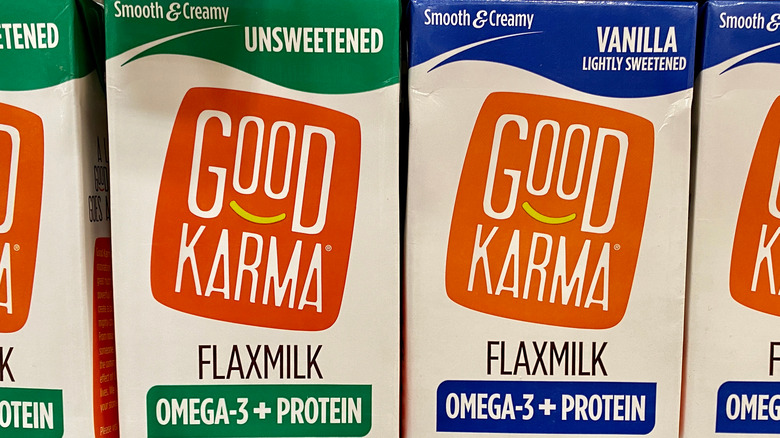 good karma flaxmilk on grocery shelf