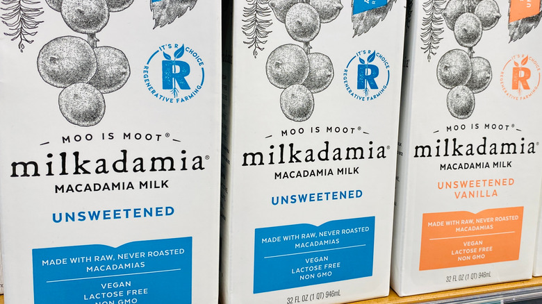 milkadamia cartons on grocery shelf