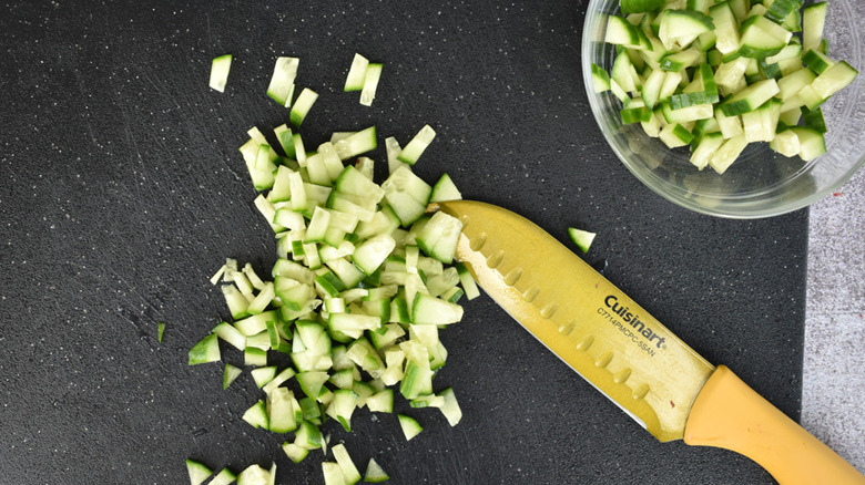 Dicing English cucumber for strawberry salsa